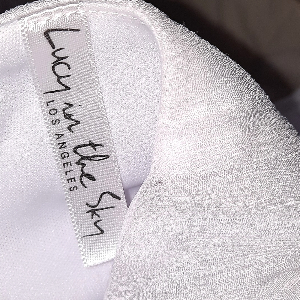 Lucy in the Sky Sparkly Fit and Flare Dress Back Cutout White Silver Shimmer M - Picture 8 of 9